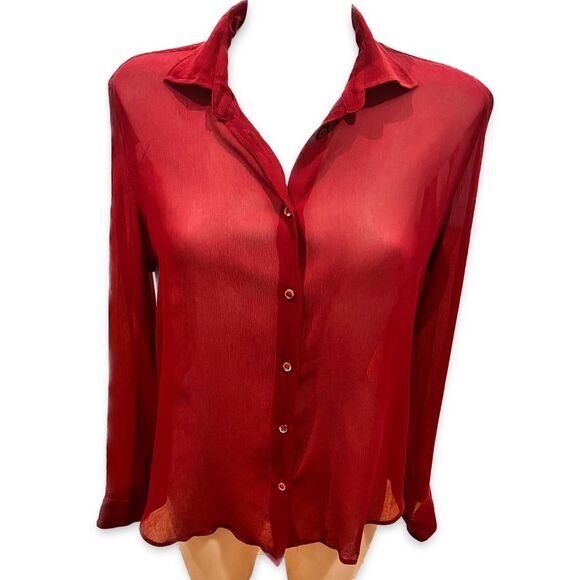 Armani Collezioni Silk Red Button Down Shirt Notched Collar Size 6 - Picture 2 of 9